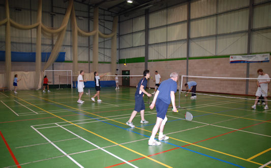 Club night at Epsom College Sports Hall; Bookham Badminton Club, Surrey, UK